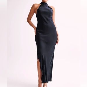 Satin Drape Back Maxi Dress with Split - Black
